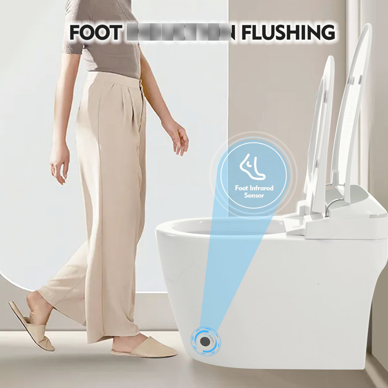 Toilette intelligente en céramique à siège chauffant, indicateur de chasse d'eau automatique en une seule pièce, capteur de pied, possibilité de panne de courant, couvercle de toilette à fermeture en douceur, nuit blanche, caractéristique du processus de commande des boutons,