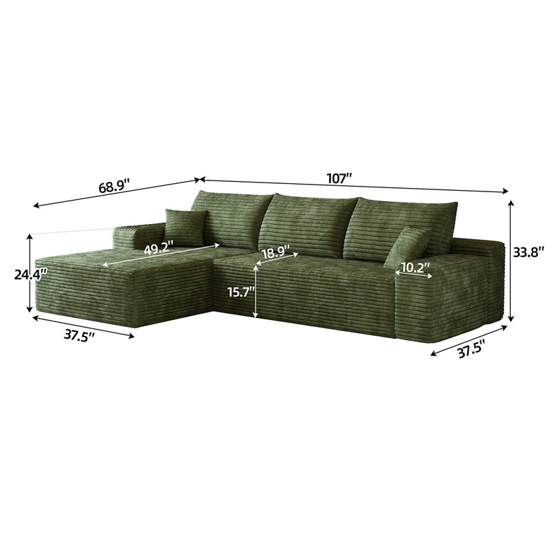Canapé modulaire 107 po avec méridienne en L 107 po Cloud, 27.8" H x 107" W x 68.2" D, Green Fabric