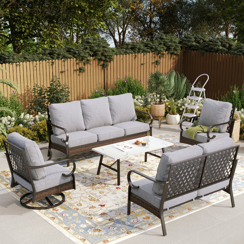 7-Person Patio Conversation Set With Loveseat & Swivel Lounge Chairs, Gray