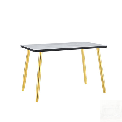 Modern Minimalist Rectangular Dining Table, Tempered Glass Top, Imitation Marble Texture, Metal Tapered Legs, Suitable for 4-6 People