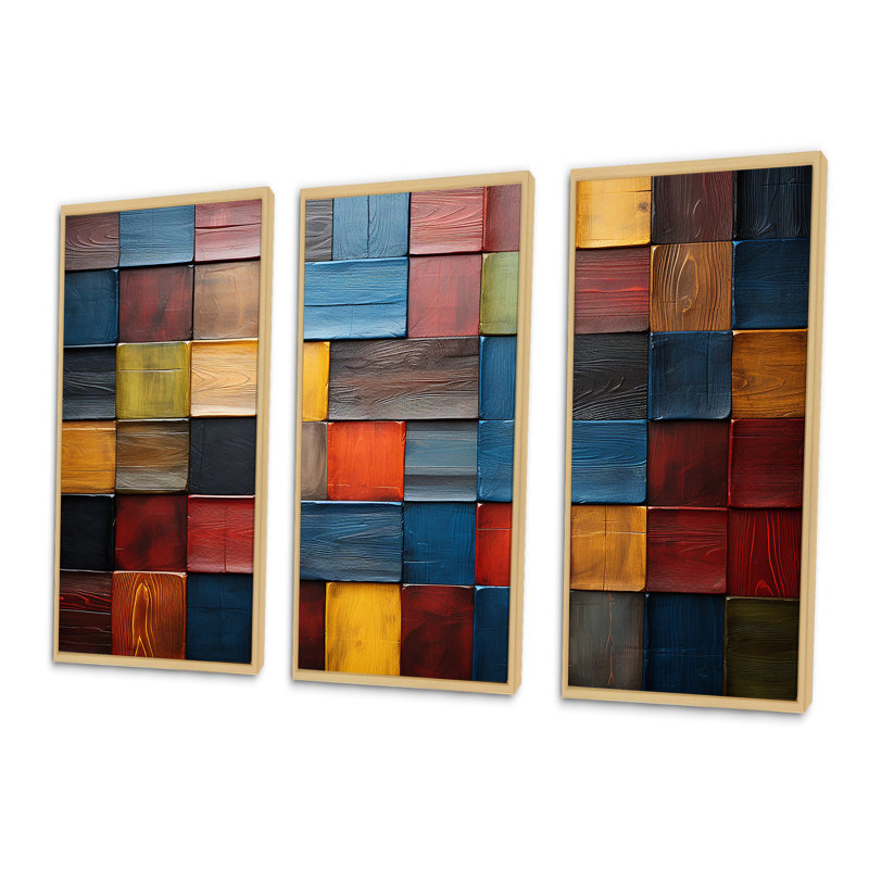 Carreaux colorés de couleurs terreuses V - mosaïque boho, H 32 po x l 48 po x P 1 po, Cadre flottant en érable