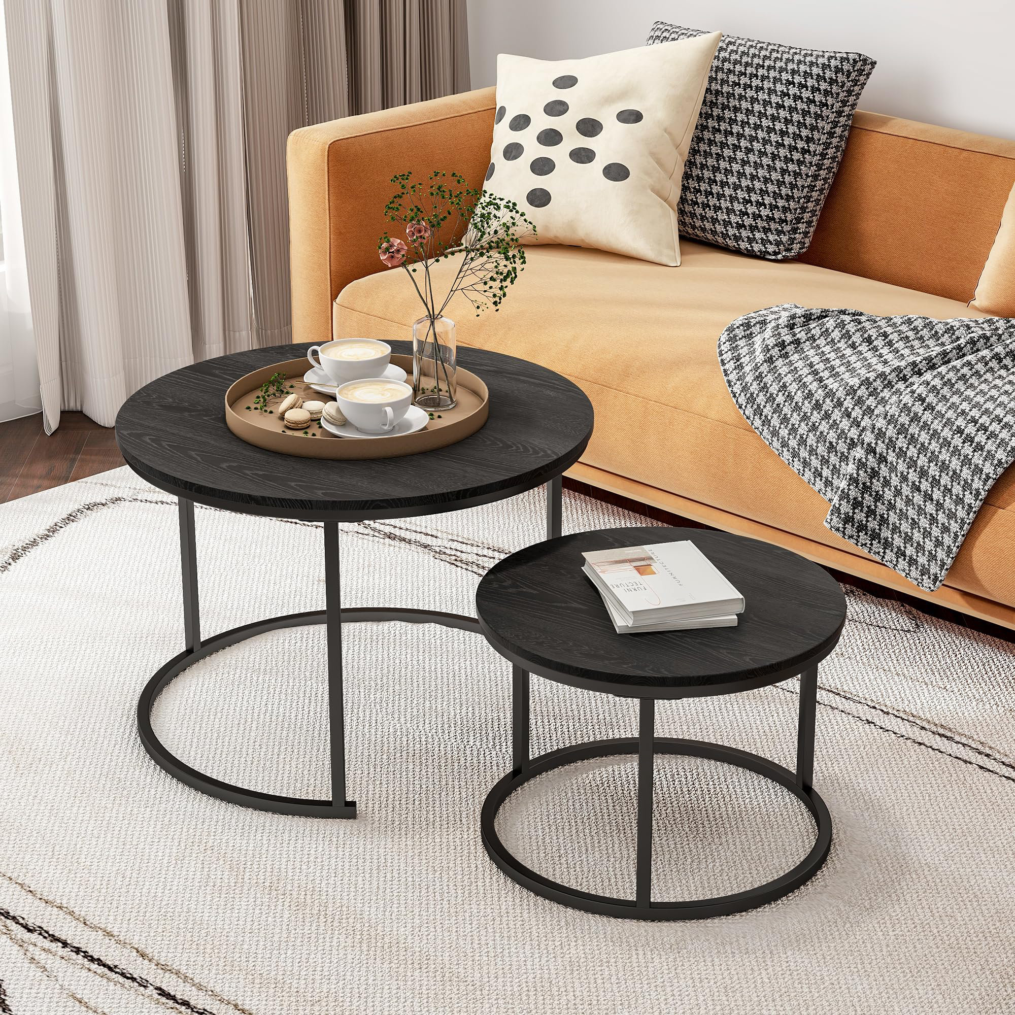 17 Stories 2 Piece Industrial Round Coffee Table, Stackable Side Table ...
