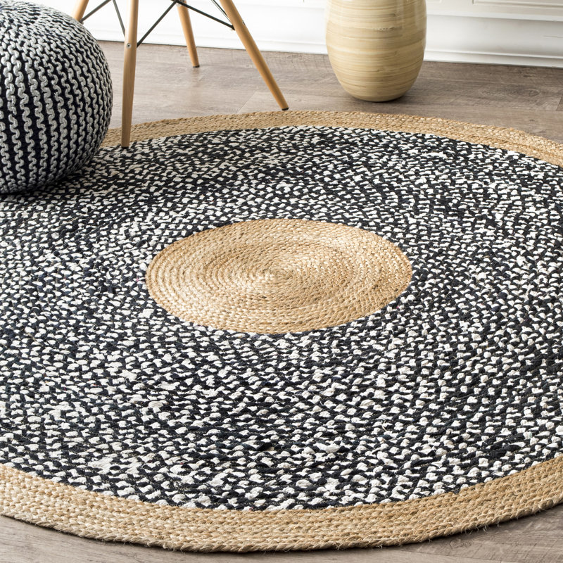 Risha Power Loom Natural Cotton Black/ Tan Rug, Round 8'