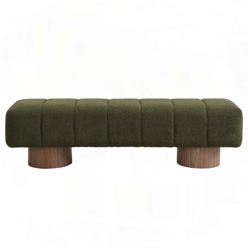 Boucle Upholstered Bench ,No-Assembly, 18" H x 64" W x 16.75" D, Green