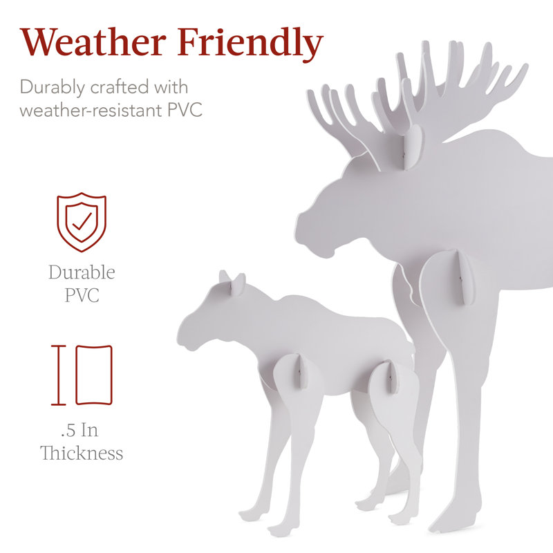 White PVC Moose Family Silhouette Christmas Yard Decor with Ground Stakes