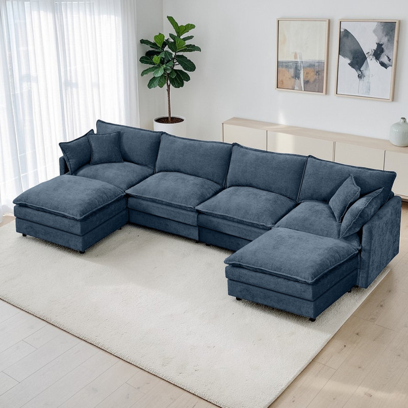 Canapé modulaire en U capitonné en chenille l 130 po Thadine avec coussins en mousse compressée et repose-pieds mobile Thadine