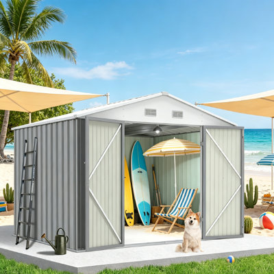 Remise de rangement pour l'extérieur H 144,91 po x l 124,41 po x H 79,92 po, grande remise de jardin en métal avec toit incliné, porte verrouillable, remise à outils en acier durable pour équipement de pelouse, cour, patio, organisateur de jardin.
