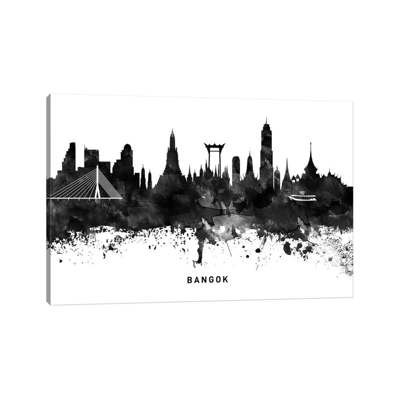 Bangkok Skyline Black & White by WallDecorAddict - Wrapped Canvas Painting, 20.32cm H x 30.48cm W