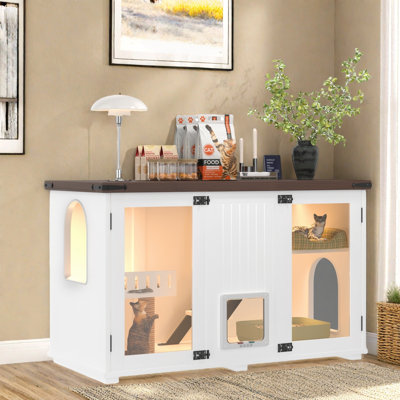 Large Cat Litter Box Enclosure With Led Light, Hidden Litter Box, Stairs, Cat Scratching Post And Smart Locking Door