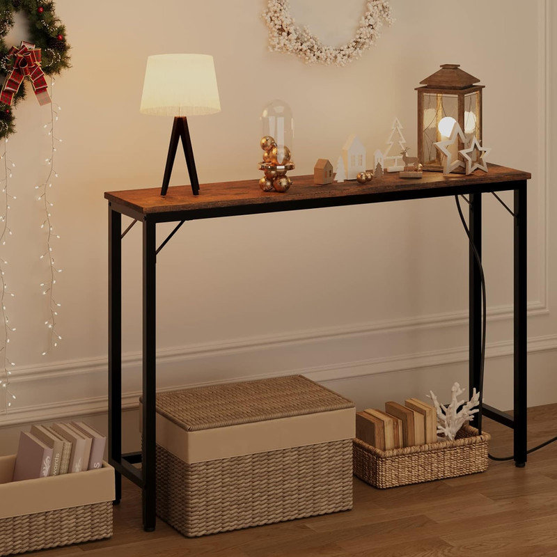 39.4" Narrow Console Table with Power Outlets & USB Ports, Gold Industrial Sofa Table for Entryway