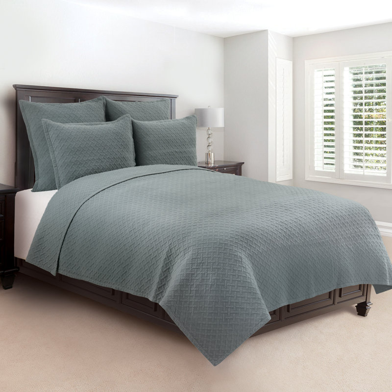Basketweave Solid Blue Quilt Set, Full/Queen, Jadeite