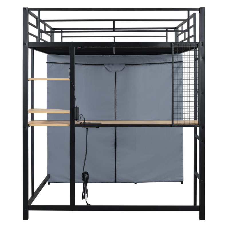 Lit mezzanine en métal avec bureau, tablettes, prise de courant, lumière DEL et garde-robe, Noir, noir, noir, noir, Double