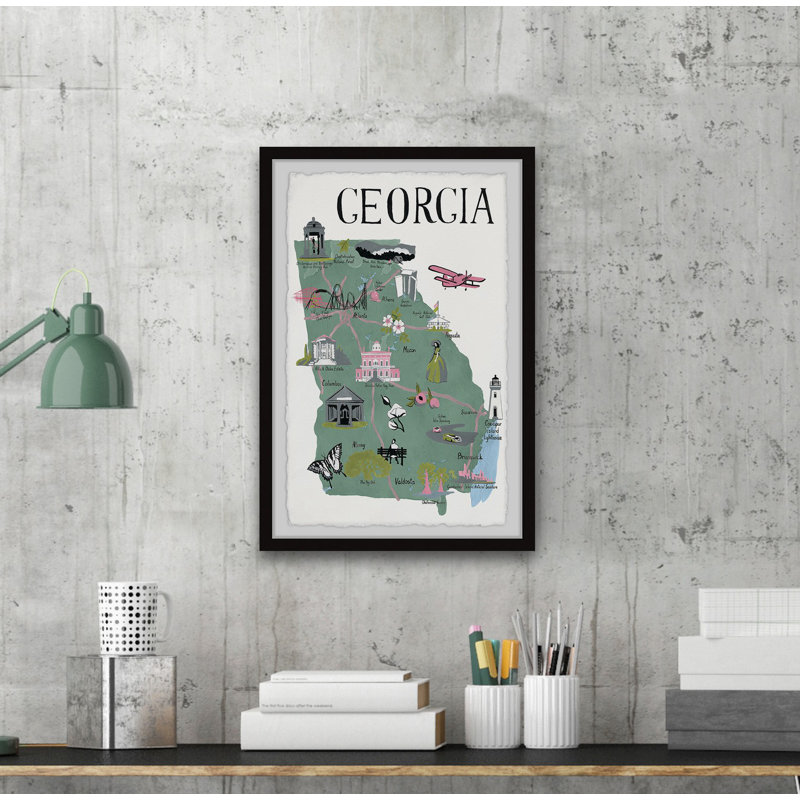 Carte illustrée de l'État de Géorgie II - Reproduction d'art sur papier encadrée, H 24 po x l 16 po x P 1,5 po
