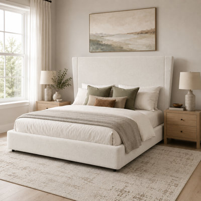 Bensu Boucle Upholstered Bed Frame with Rounded Corners, Platform Bed with Wood Slats