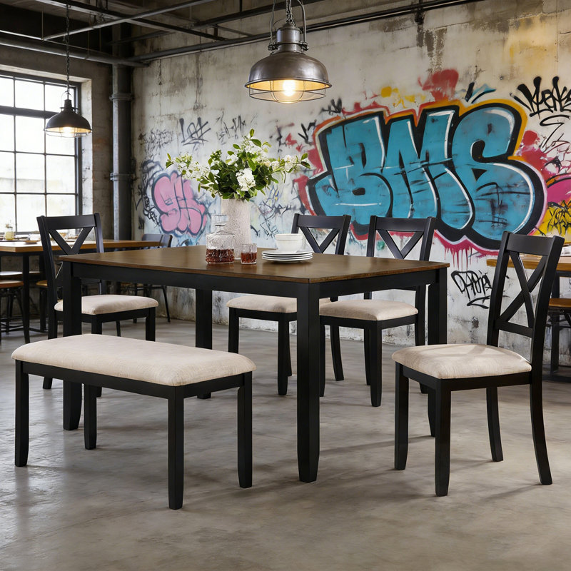 Ensemble 6 pièces avec 4 chaises à dossier croisé et 1 banc Lillibridge, Brun