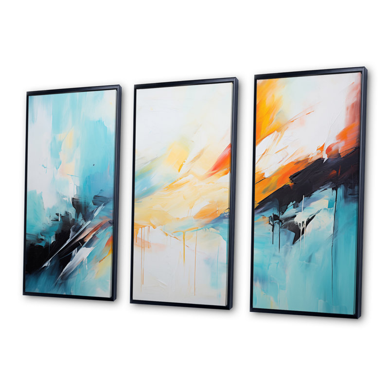 Azur bleu jaune fusion 2 - art mural abstrait, Cadre flottant noir, H 28 po x l 36 po x P 1 po