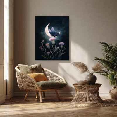 Papillon queue d'aronde foncé sur chardon, croissant de lune - Art mural sur toile tendue - Décoration de salon, de chambre à coucher ou de bureau