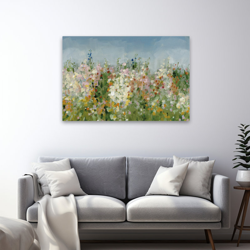 Art sur fond bleu et floral, H 32 po x l 48 po