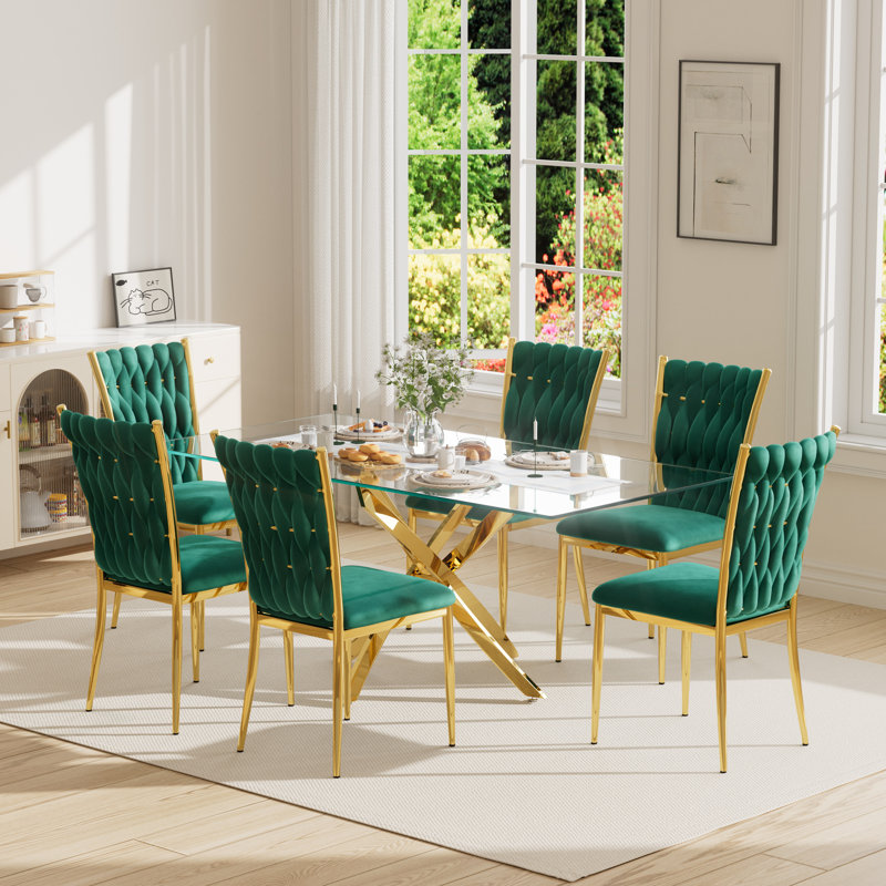 63" Rectangular Tempered Glass Table set, Green/Gold, 7