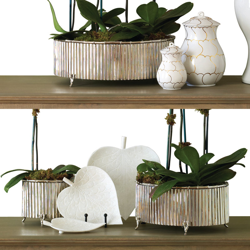 Corrugated Bamboo Cachepot, 7.5" H x 8.5" W x 8.5" D, Brass