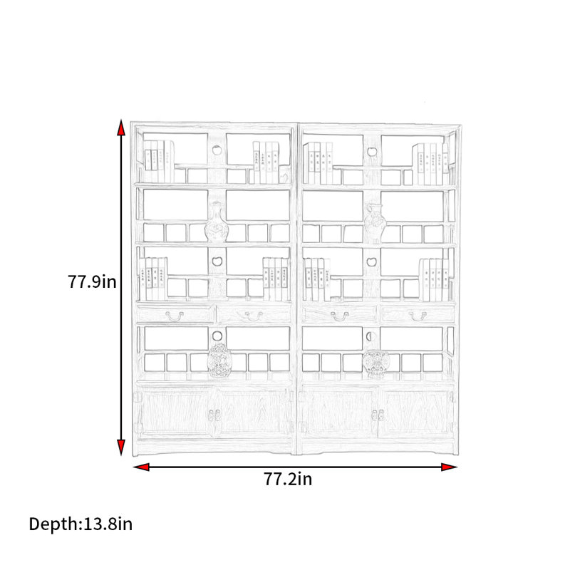 Nouvelle bibliothèque de style rétro chinois, H 77,9 po x l 77,2 po x P 13,8 po, 2