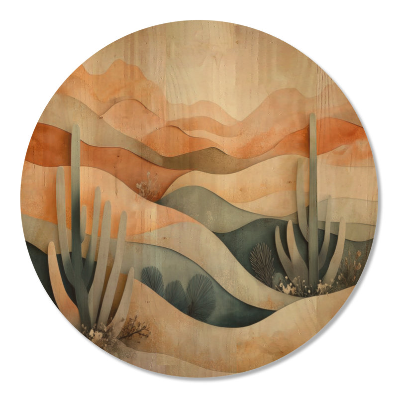 Papier, cactus des dunes - panneau d'art en bois du sud-ouest, 36" Round, Round
