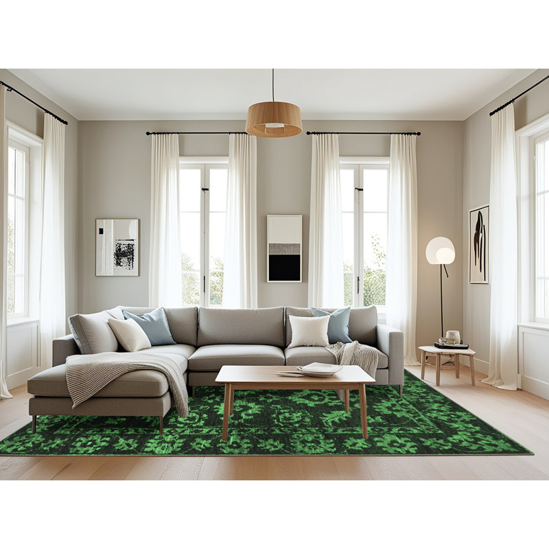 Tapis oriental en laine / polyester tissé à la machine en vert / noir, Rectangle 8 pi x 12 pi