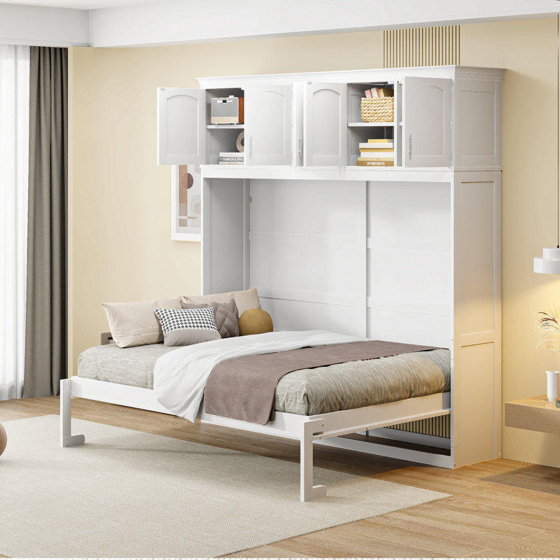 Lit escamotable mural avec armoires supérieures Murphy, Lit double, Blanc