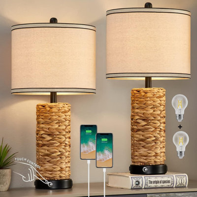 Ensemble de 2 lampes de table en rotin avec ports USB et prise de courant, lampes en osier à contrôle tactile à 3 voies à intensité variable, lampes de table en ruppie maritime pour table de chevet de chambre à coucher et table de bout de salon avec ampoules incluses