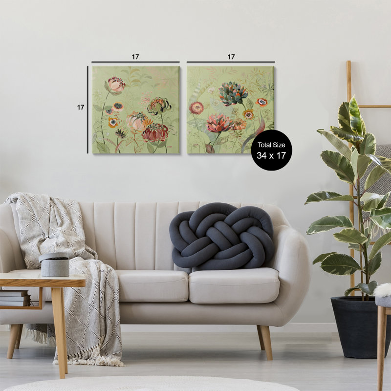 Ensemble de 2 pièces sur fond de chrysanthèmes sur fond vert olive, design par Dusza, H 17 po x l 17 po