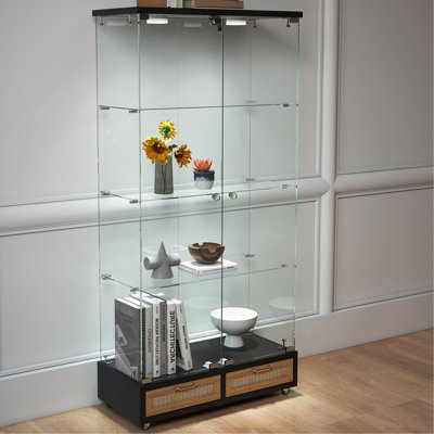 Modern Glass Display Cabinet With Large Drawers,Quick-Assembly Antique Cabinet With LED Lights,Tempered Glass Bookshelf,2-Door Storage Case With 4 Shelves For Living Room And Bedroom,Black And Natural