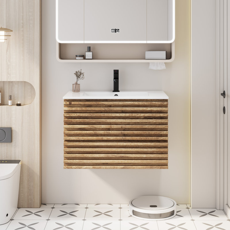  30" Wall Mounted Single Bathroom Vanity Set with Sink Top, Faucet and Drain Included, Oak