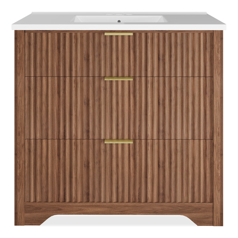 36" Fluted Bathroom Vanity with Sink, Freestanding Bathroom Vanity Cabinet with 2 Drawers & Flip-Down Drawer, Modern Farmhouse Bathroom Storage Cabinet