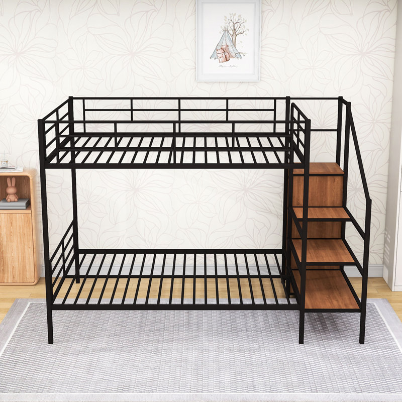 Metal Bunk Bed With Storage Wardrobe And Staircase, Black, Full over Full