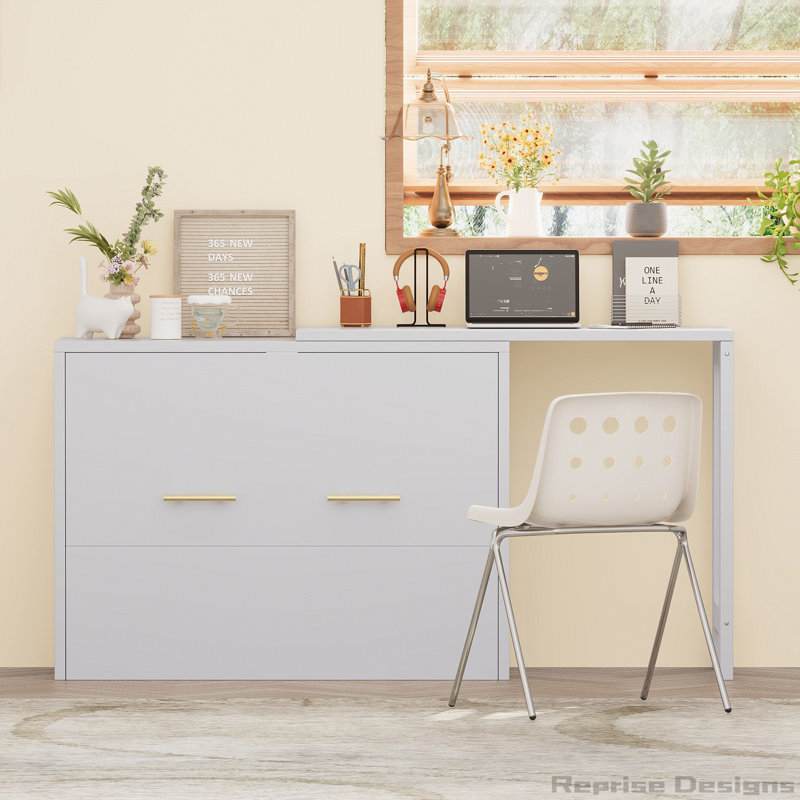 Lit escamotable avec bureau à position réglable et coussin pliable, Gris