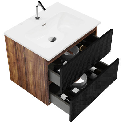 Ensemble de meuble-lavabo 30 po avec lavabo, avec deux portes et meuble-lavabo avec tablette de rangement ouverte à droite, bois massif, sans les robinets