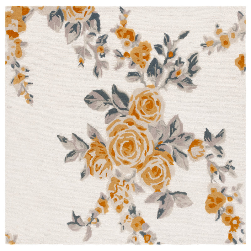Jardin Hand Tufted Wool/Cotton Floral Rug in Ivory/Gold, Square 6'
