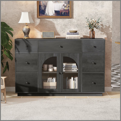 Armoire noire spacieuse avec 2 portes et 7 tiroirs pour le rangement du salon et de la salle à manger, idéale pour l'organisation moderne
