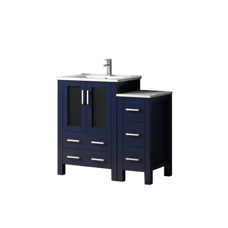Meuble-lavabo simple 36 po bleu marine Large, 18,25 po, robinet et amplement de tiroirs de rangement avec plateau en céramique blanche 17,49 po