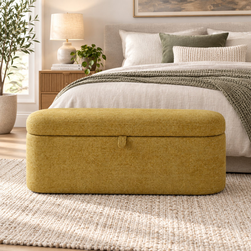 Banc de rangement moderne UNASECE de 116 cm (45,7 pouces) avec siège rembourré, compartiment caché et structure en bois robuste.