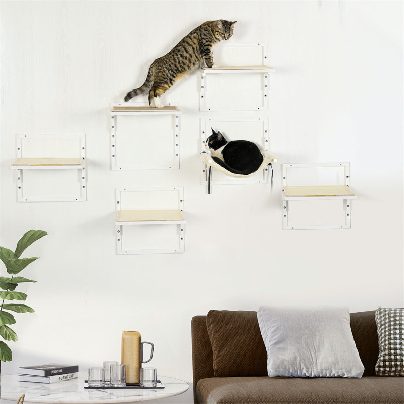 Tablettes murales modernes pour chat 6 pièces, plateformes de saut réglables et hamac moelleux pour chats d'intérieur PawHut, peu encombrantes et élégantes