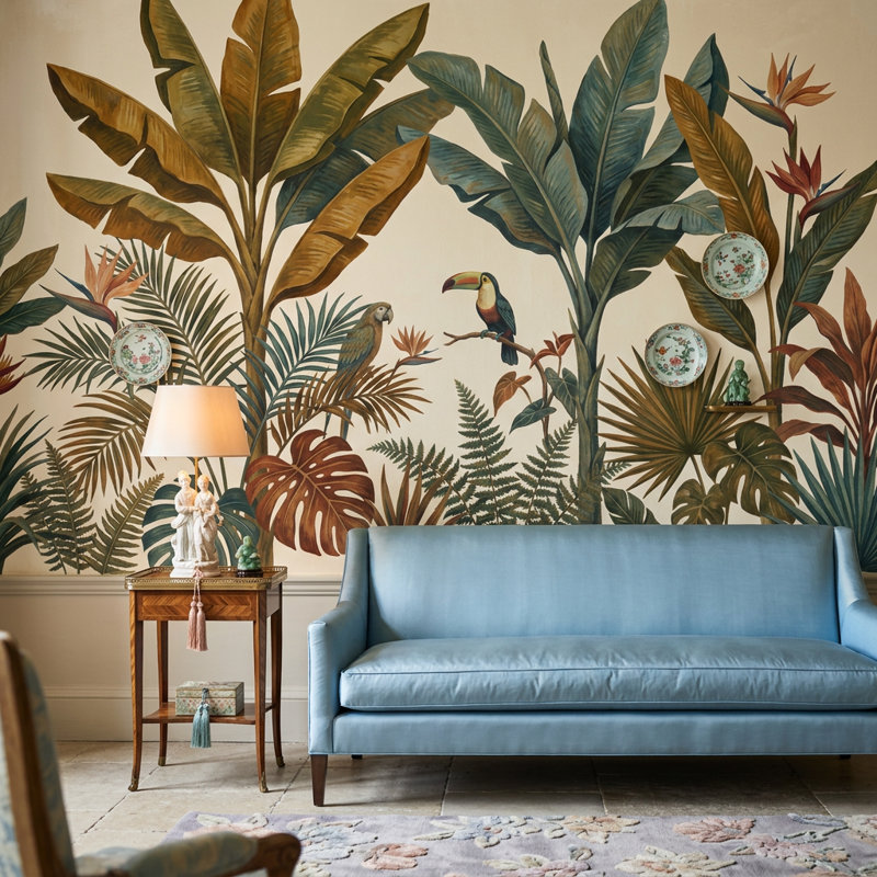 Jungle Foliage Wallpaper Tropical Toucan Removable Wall Decor, Non-Woven Nonpasted, 120"x96"