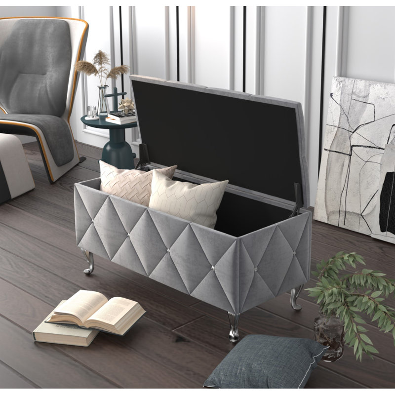 Banc de rangement rembourré Carnes, Gris argenté, H 18,9 po x l 42 po x P 18,3 po