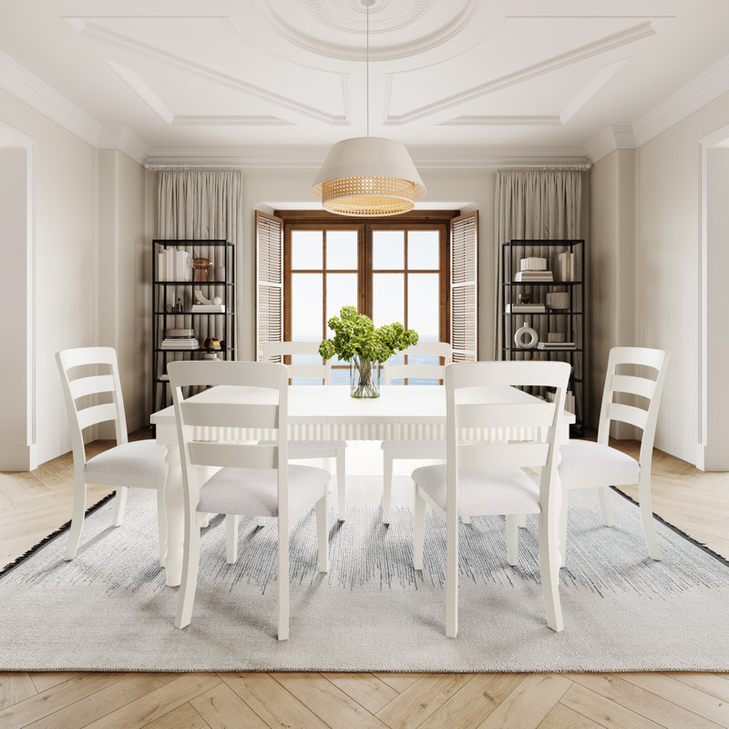 Alper Modern Farmhouse Seven Piece Extension Dining Set With Ladderback Chairs - White, 7 Pieces: Table, 6 Chairs, White