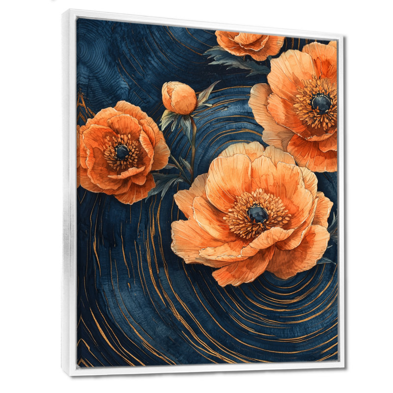 Orange, pivoines sur pierre géode sauvage I - pivoines, art mural encadré, H 32 po x l 24 po, Blanc