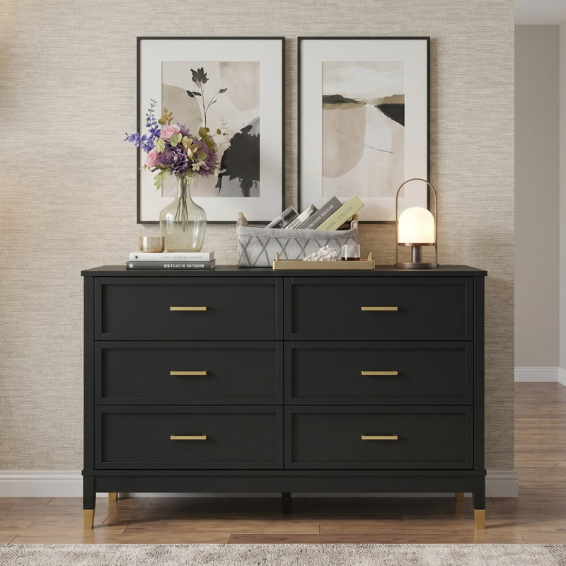 47.3" W 6-Drawer Wood Double Dresser, Black/Gold