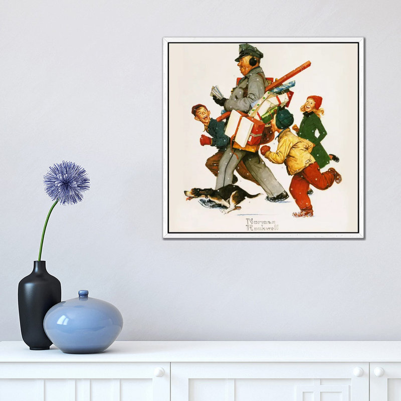 Jolly Postman by Norman Rockwell - Painting on Canvas, 45.72 cm H x 45.72 cm W, White Framed
