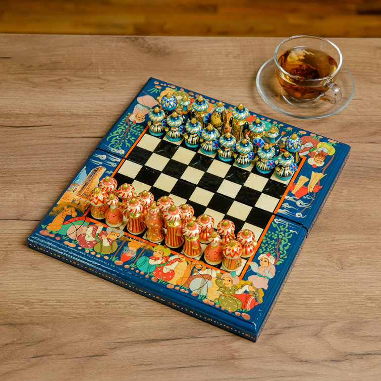 Set Wooden chess and checkers Metal Box