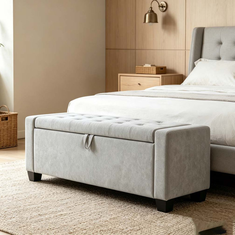 Repose-pieds 48 po avec rangement, banc de rangement pour repose-pieds, Gris clair