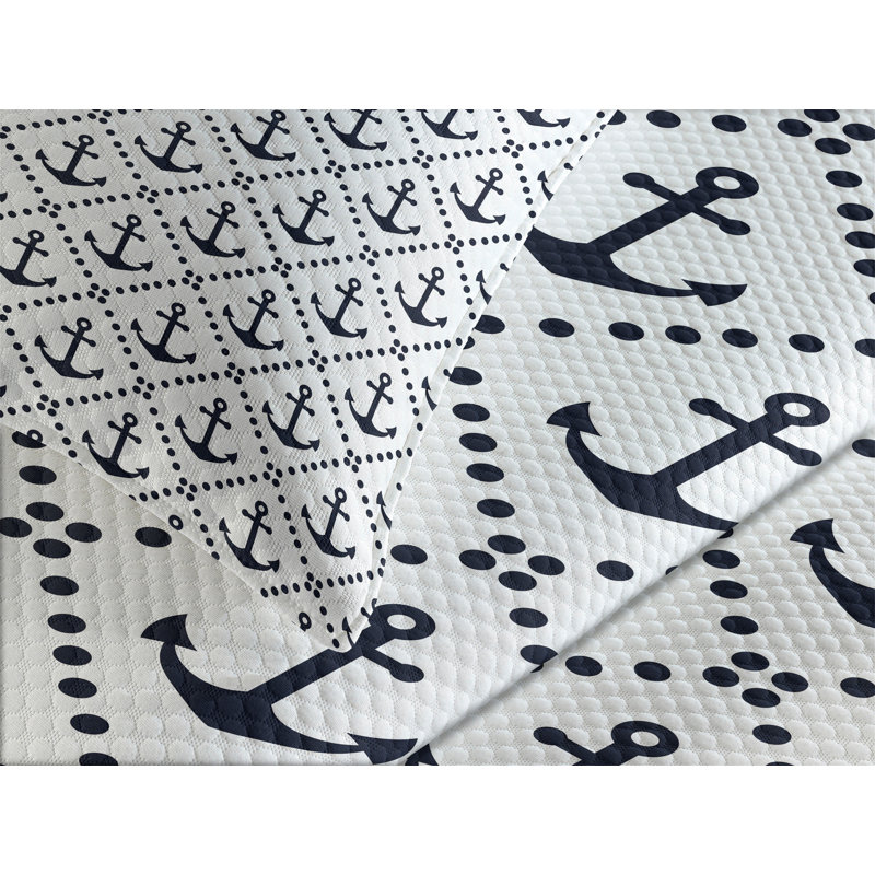 Ambesonne Geometric Bedspread Set  Nautical Anchor Dots  Dark Blue White, King Coverlet / Bedspread + 2 Standard Shams